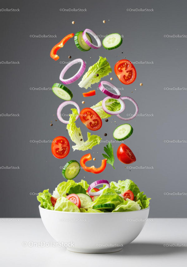 Fresh vibrant vegetables falling into white salad bowl
