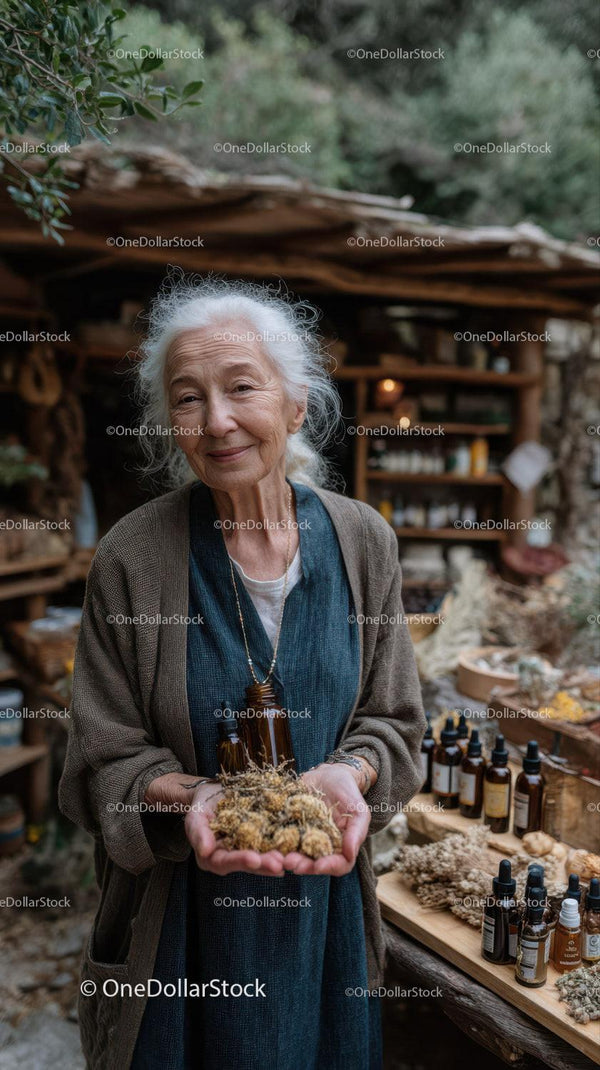 Elderly Woman Displaying Herbal Remedies in Rustic Outdoor Market