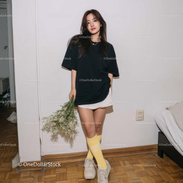 Young Woman Holding Flowers in Casual Streetwear Inside Room