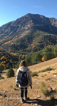 Woman hiking towards colorful autumn mountain landscape