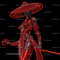 Futuristic Samurai in Neon Red Armor Holding Umbrella