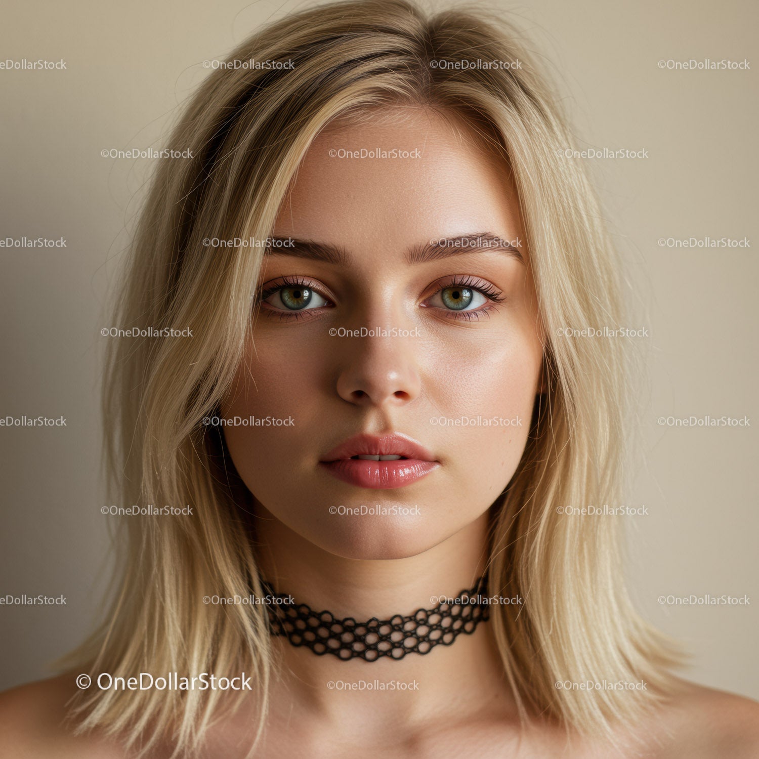 Close-up Portrait of Beautiful Blonde Woman with Bright Blue Eyes