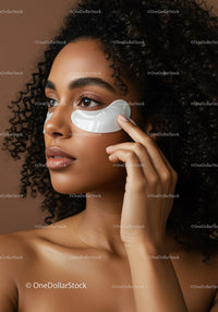 Caring Woman with Curly Hair Using Eye Patches for Skincare