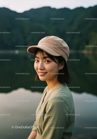 Young Woman in Green Dress Wearing Beige Cap Near Lake Landscape