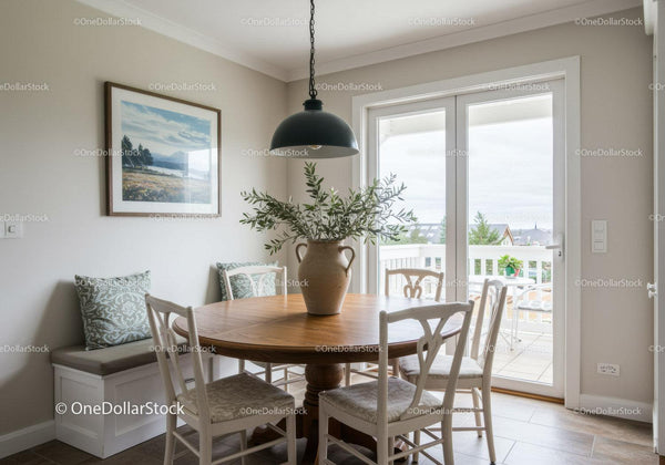 Cozy dining area with round wooden table and natural light