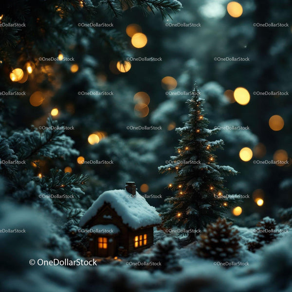 Cozy Snowy Cabin with Lit Christmas Tree at Night