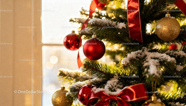 Decorated Christmas tree with snow and red ribbons
