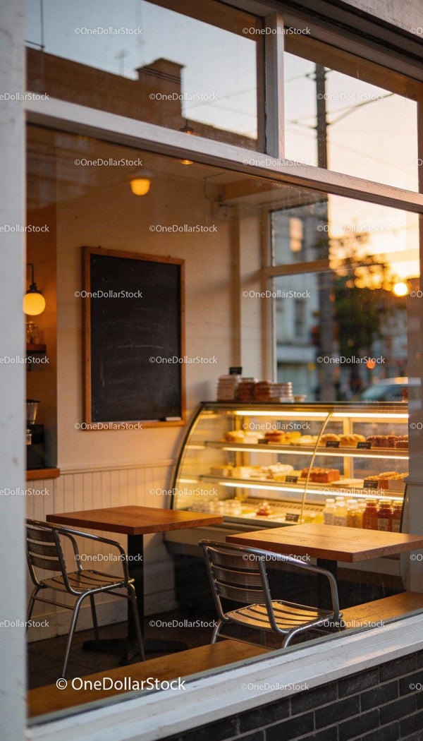 Cozy empty cafe interior with pastries display at sunset