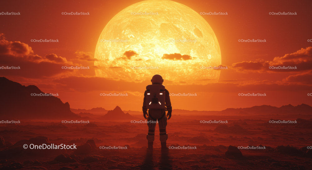 Futurystyczny astronauta stojący na obcej planecie podczas oszałamiającego zachodu słońca