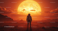 Futuristic Astronaut Standing on Alien Planet During Stunning Sunset
