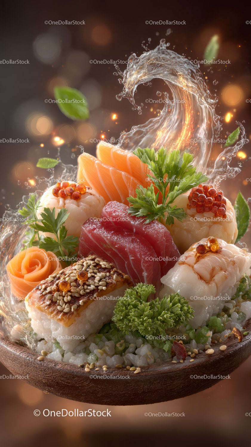 Fresh Sushi Platter with Salmon Tuna Shrimp and Vegetables