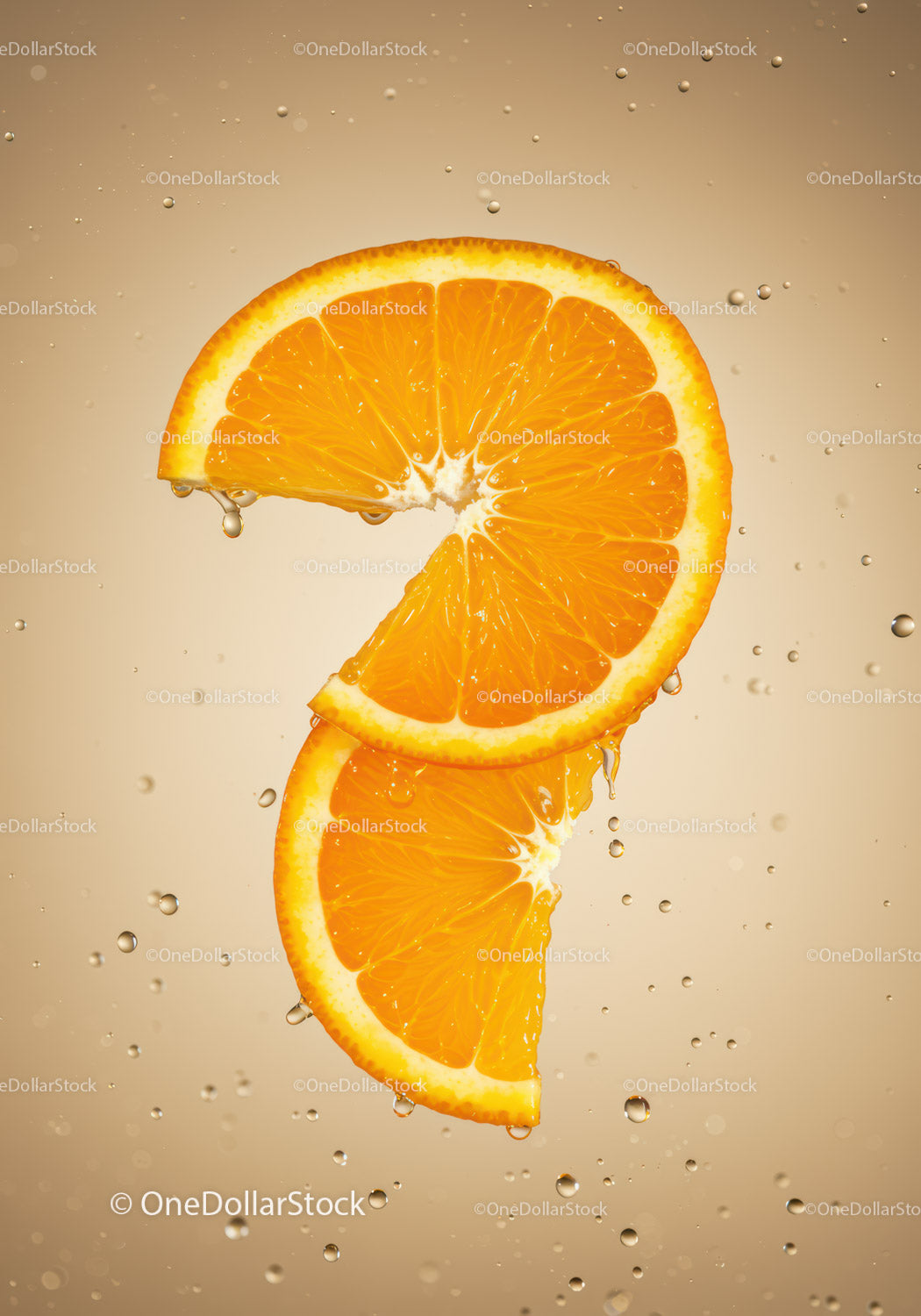 Fresh orange slices suspended in sparkling water bubbles