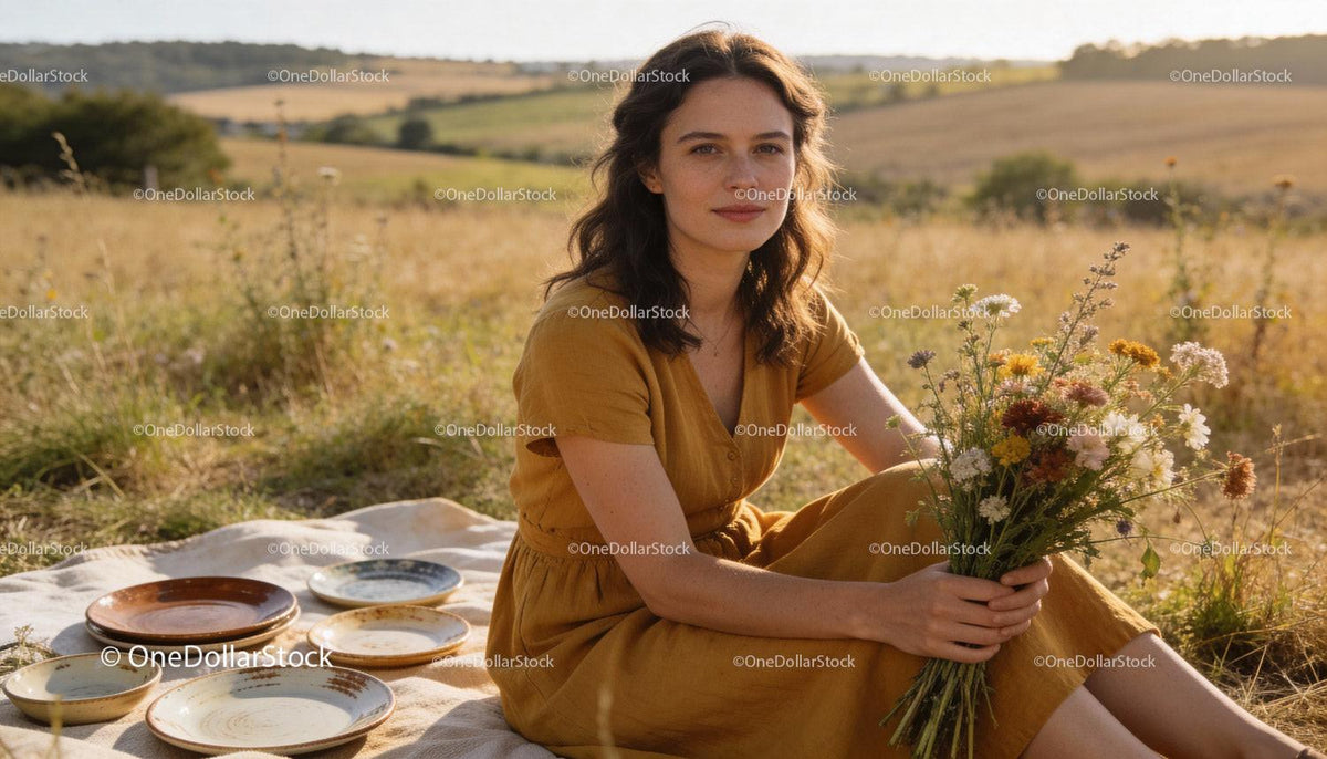 Young woman in mustard dress holding wildflowers outdoors