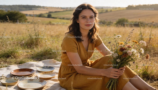 Young woman in mustard dress holding wildflowers outdoors