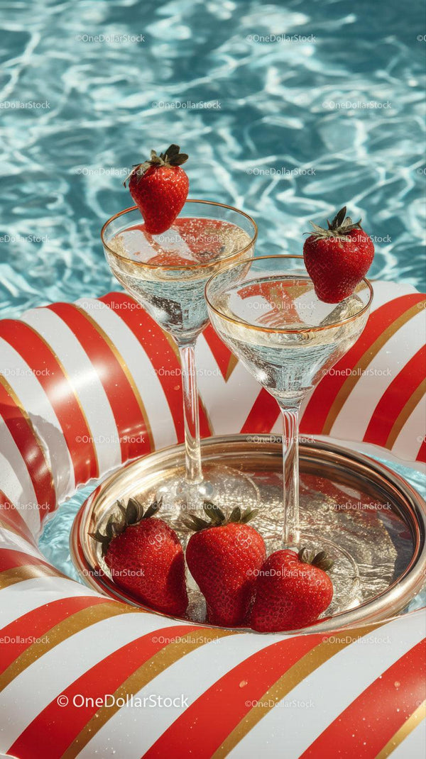 Strawberry Cocktails on Pool Float with Water Background