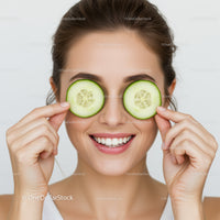 Smiling Woman with Cucumber Slices Over Eyes During Skincare Routine