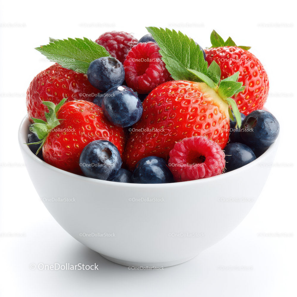 Fresh Mixed Berries in a White Bowl with Green Leaves
