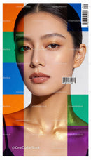Closeup of woman with golden glow and colorful geometric accents