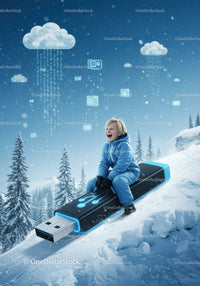 Child Enjoying Winter Ride on USB Stick Sled