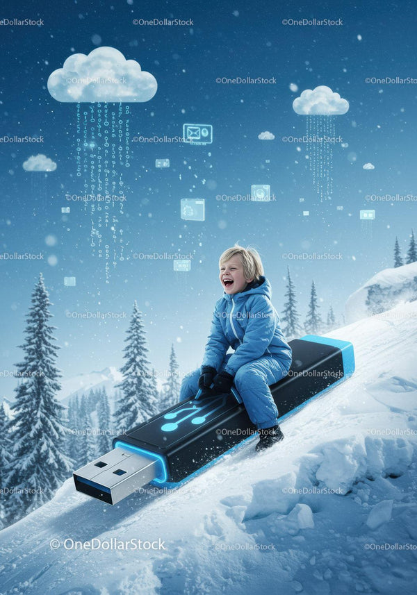 Dziecko cieszące się zimową przejażdżką na sankach USB