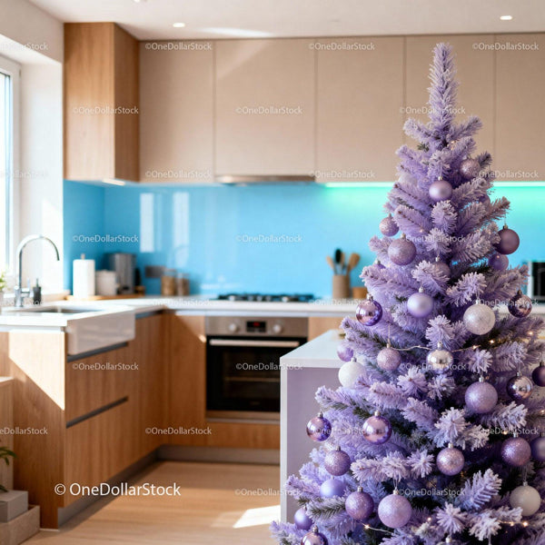 Pastel Lavender Christmas Tree in Modern Kitchen Interior
