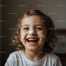 Happy child laughing with cream on face indoors