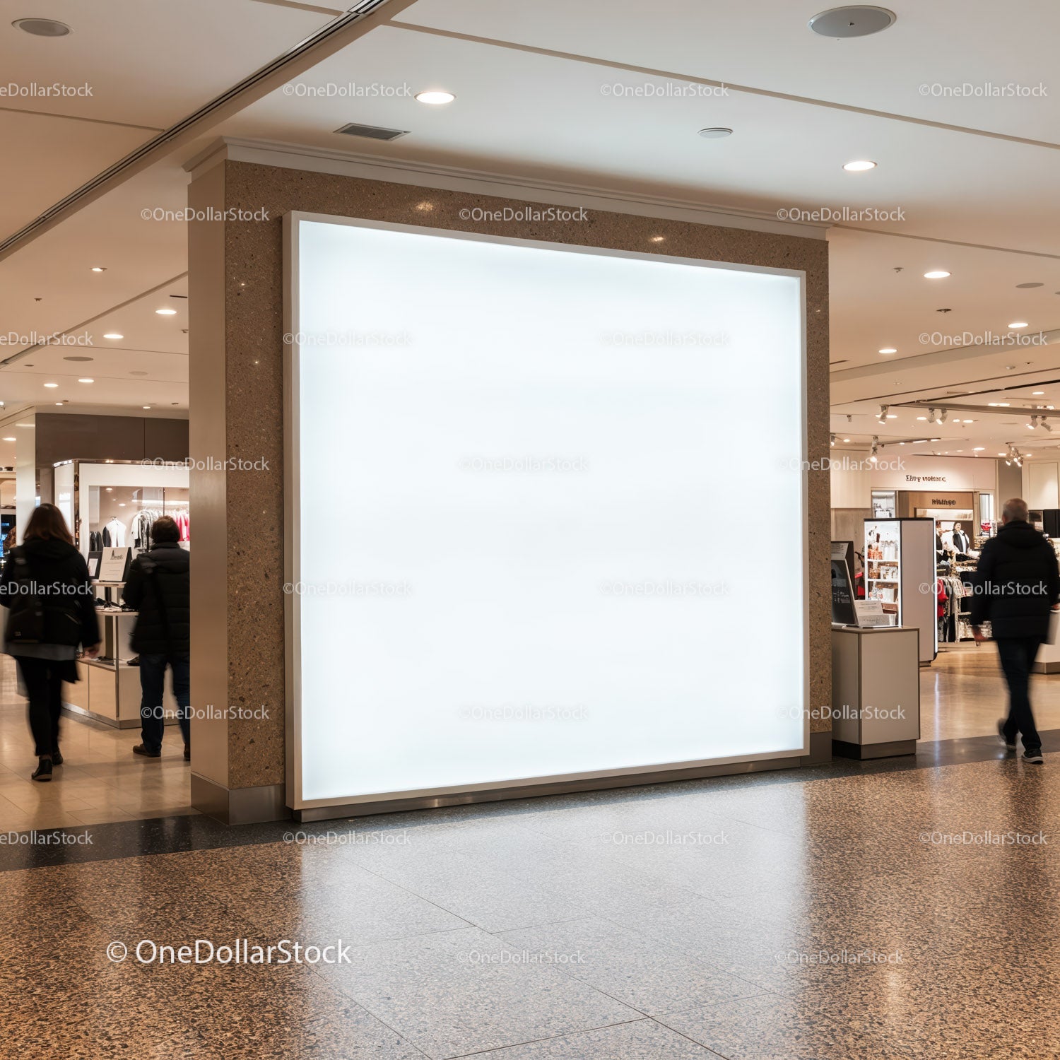 Blank illuminated billboard in modern shopping mall interior