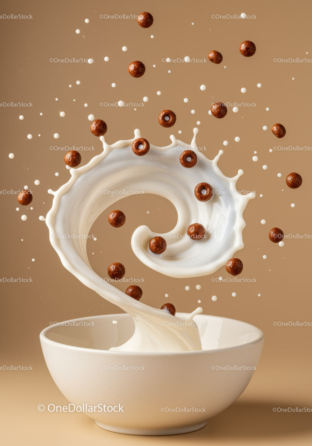 Dynamic splash of milk with floating chocolate cereal