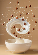 Dynamic splash of milk with floating chocolate cereal