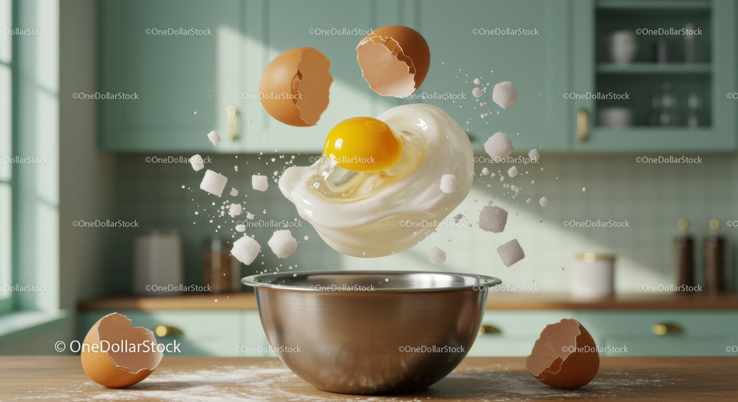 Fresh eggs cracking into a metal bowl in modern kitchen