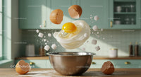 Fresh eggs cracking into a metal bowl in modern kitchen