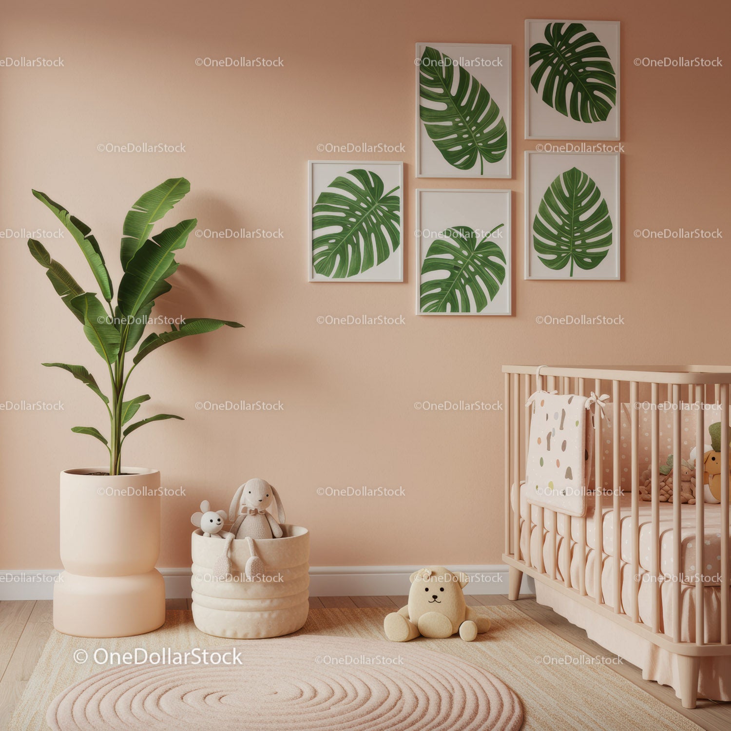 Modern Nursery with Monstera Art Prints and Indoor Plants