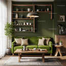 Cozy living room with green sofa and natural wood furniture