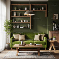 Cozy living room with green sofa and natural wood furniture