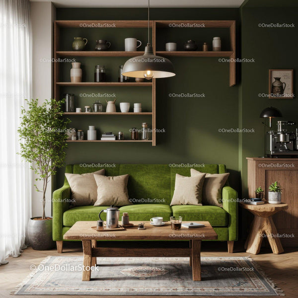 Cozy living room with green sofa and natural wood furniture