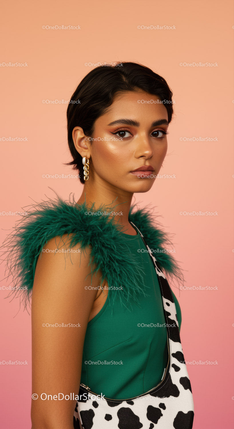 Stylish Woman Portrait with Green Feathered Detail and Bold Makeup