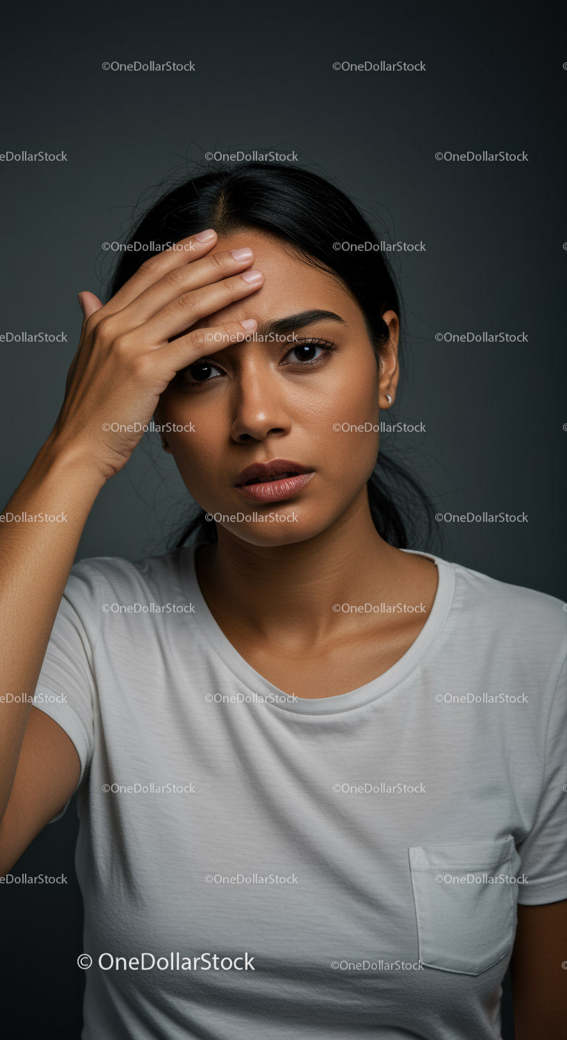 Expressive Woman with Hand on Forehead in Casual Portrait