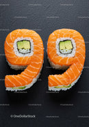 Creative sushi rolls shaped as number ninety nine