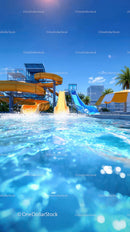 Colorful Water Slides in a Modern Water Park Under Clear Blue Sky