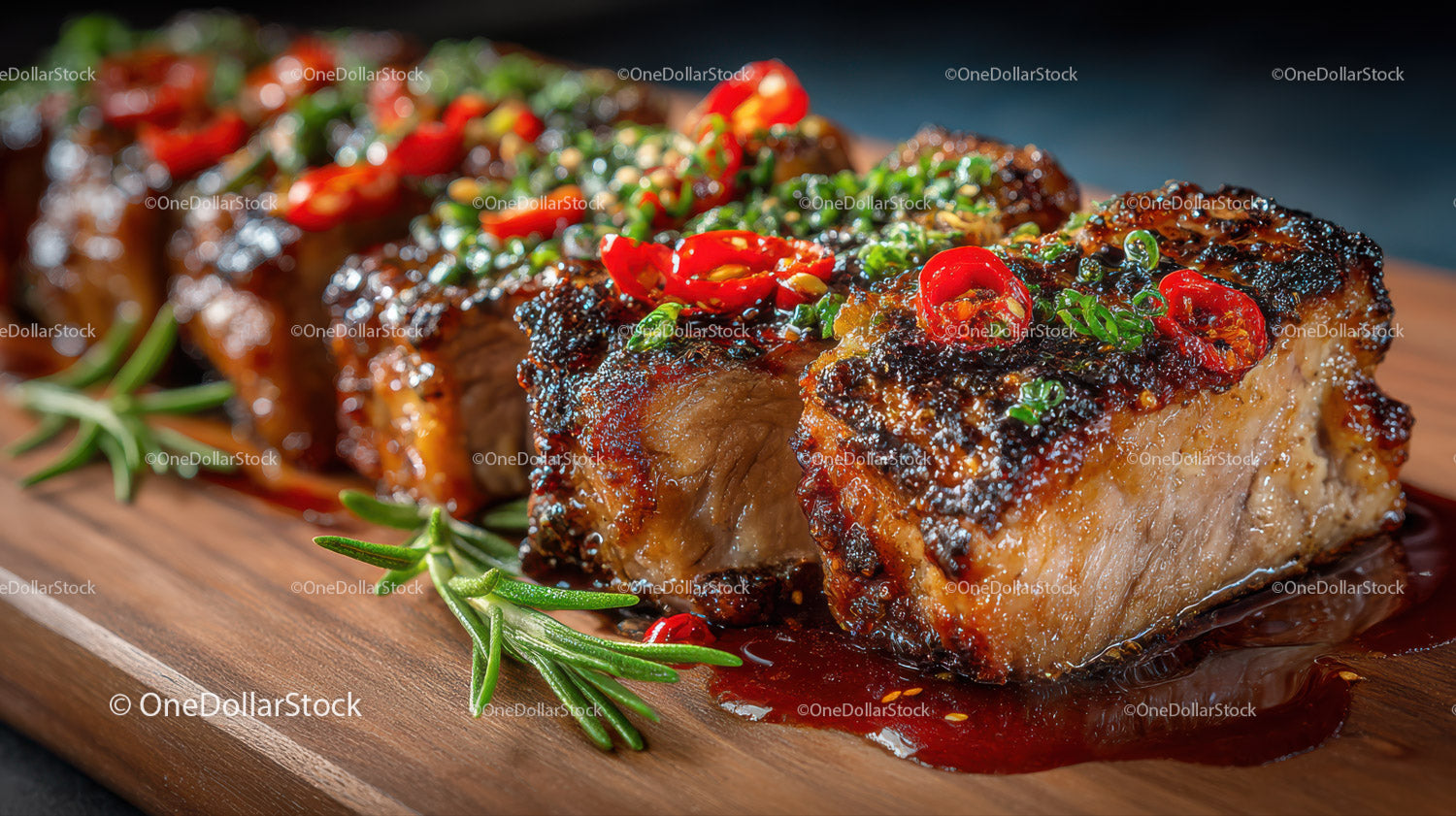 Gourmet Grilled Steak with Red Chili and Herb Garnish