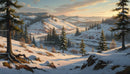 Winter River Valley with Pine Trees at Sunset