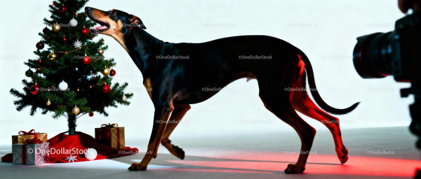 Doberman spacerujący przy udekorowanej choince z prezentami