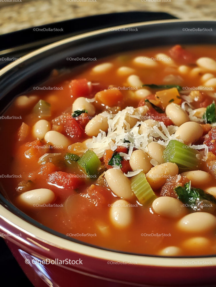 Hearty Bean and Vegetable Soup with Cheese Topping