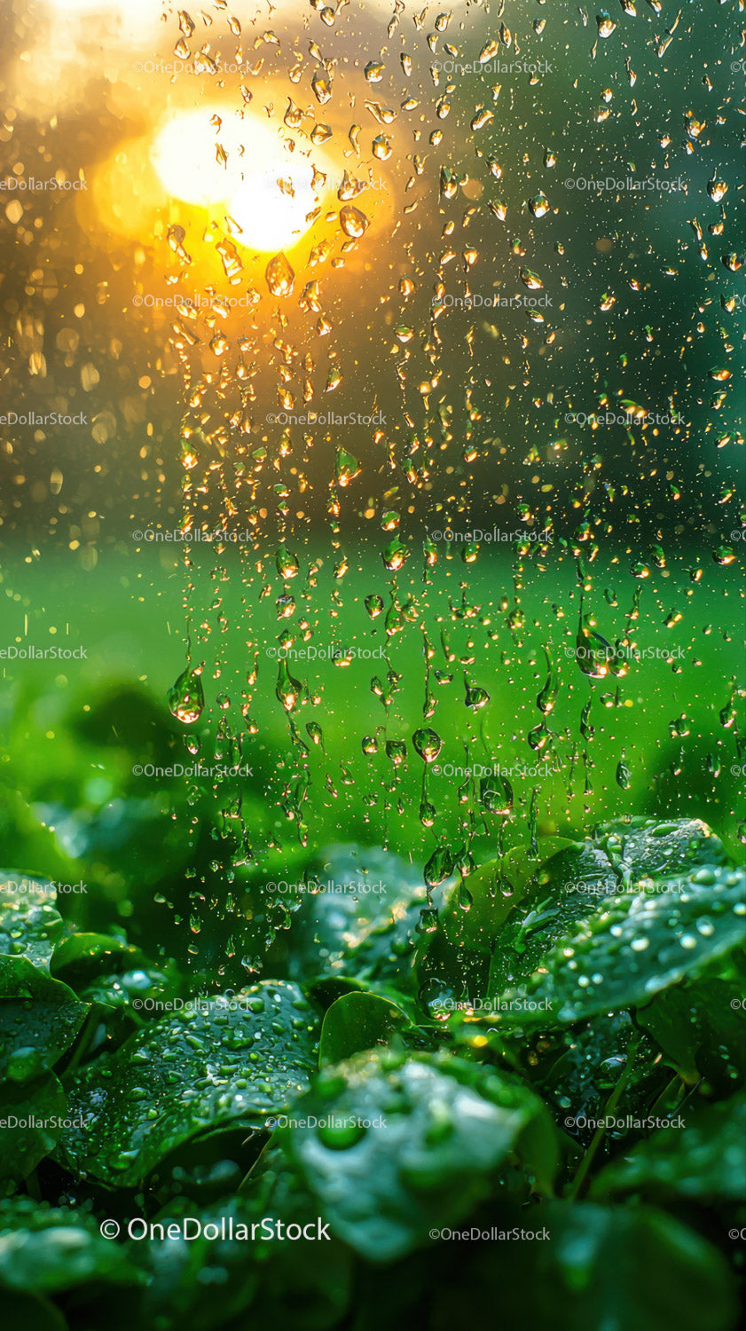 Raindrops on Green Leaves With Sunny Backdrop