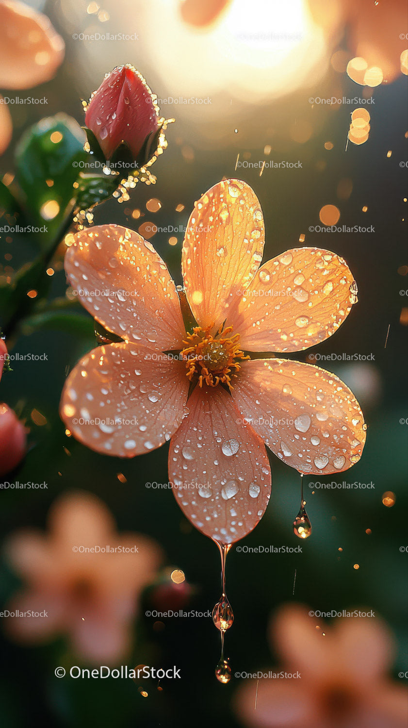 Peach Blossom with Dew Drops in Sunlight