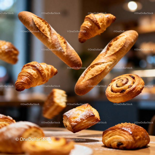 Freshly baked French pastries and breads in motion