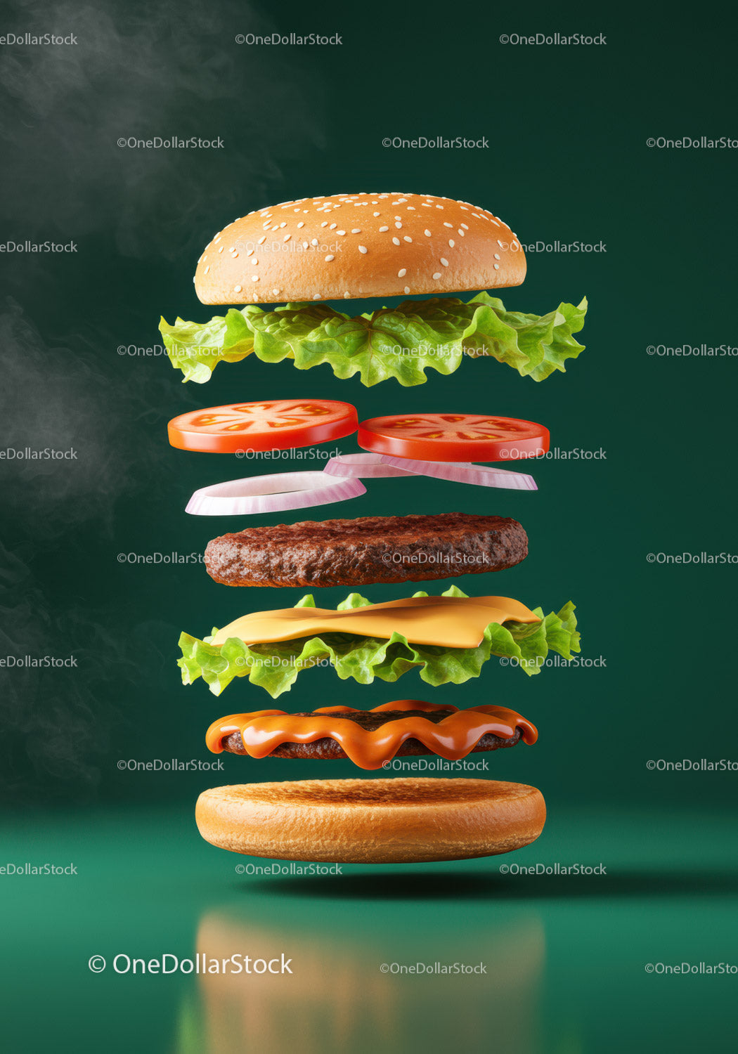 Deconstructed cheeseburger with fresh vegetables and sauce