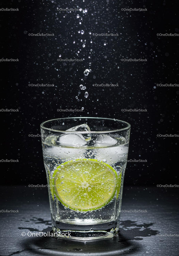Refreshing glass of sparkling water with lime slice