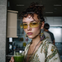 Fashionable Woman with Yellow Sunglasses and Green Smoothie in Indoor Setting