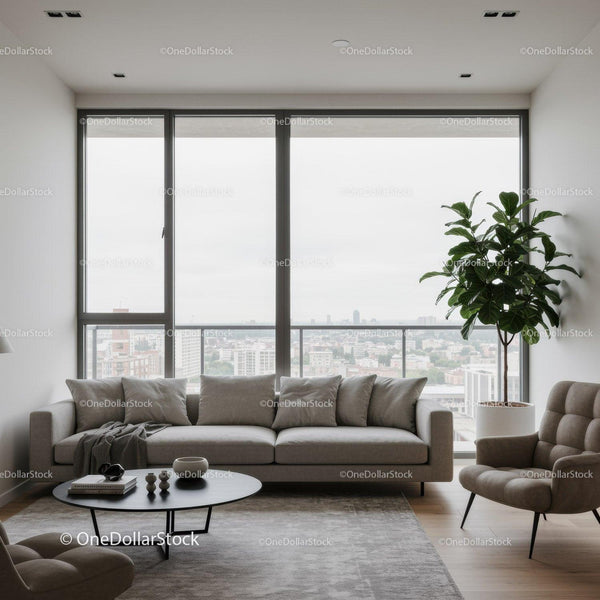 Modern Living Room with Large Window and City View